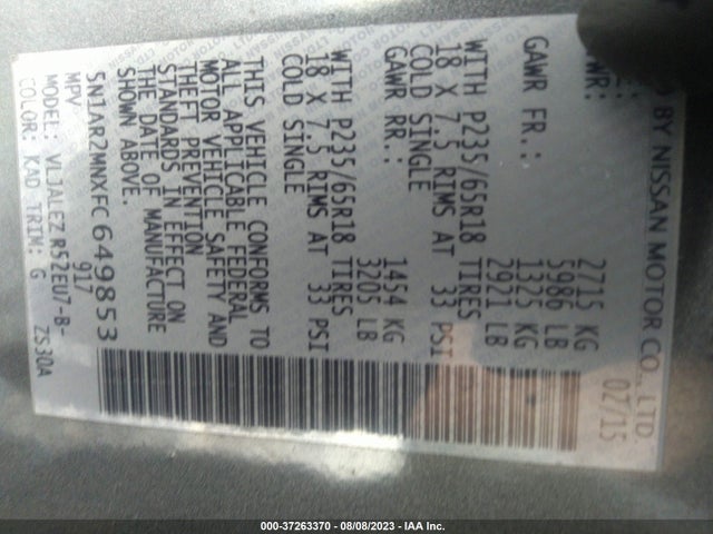 Nissan Pathfinder S/sv/platinum/sl 2015 5N1AR2MNXFC649853 Image 9
