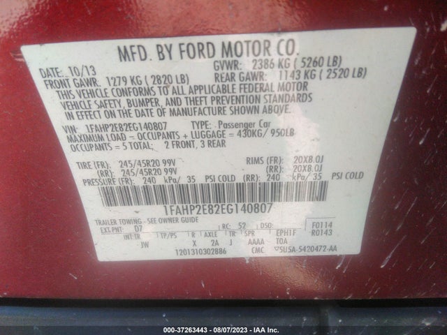 Ford TAURUS SEL 2014 1FAHP2E82EG140807 Image 11