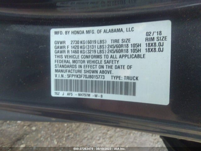 Honda Ridgeline Rtl-e 2018 5FPYK3F70JB015773 Image 9
