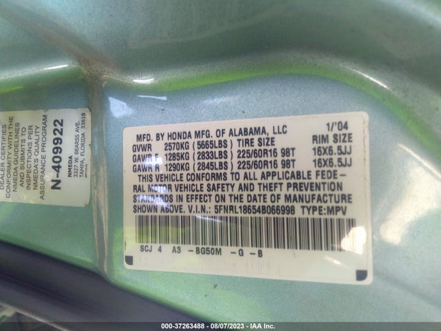 2004 HONDA ODYSSEY EX VIN: 5FNRL18654B066998