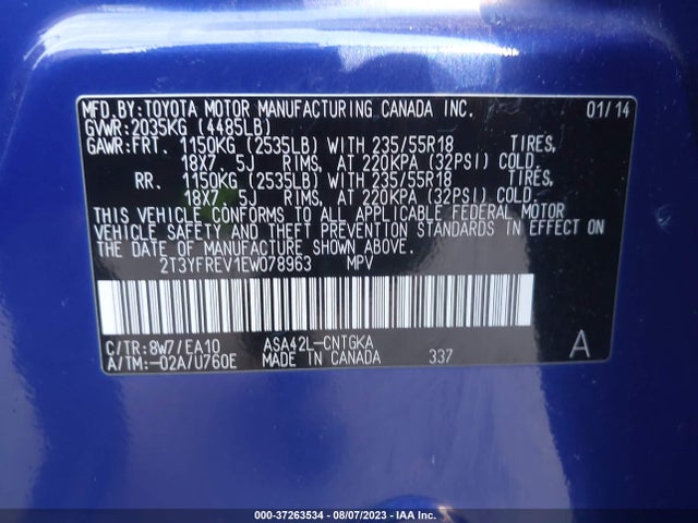 2014 TOYOTA RAV4 LIMITED VIN: 2T3YFREV1EW078963