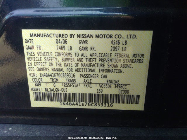 2006 NISSAN MAXIMA 3.5 SL VIN: 1N4BA41E76C859316
