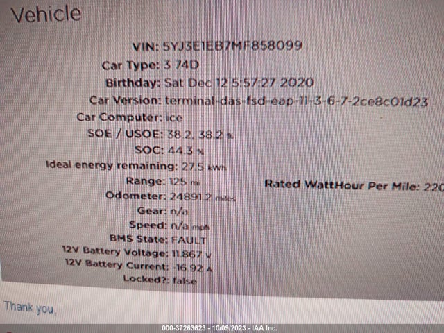 2021 TESLA MODEL 3 LONG RANGE VIN: 5YJ3E1EB7MF858099