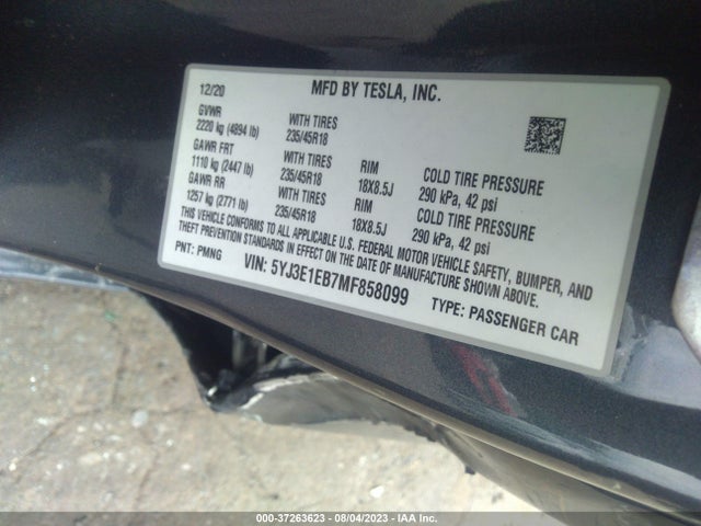 2021 TESLA MODEL 3 LONG RANGE VIN: 5YJ3E1EB7MF858099