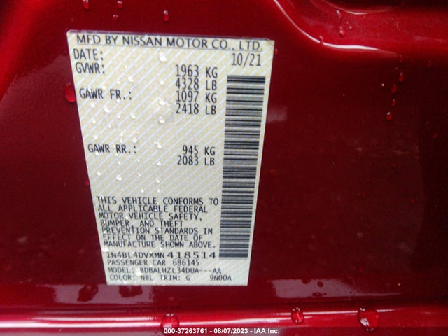 2021 NISSAN ALTIMA 2.5 SV VIN: 1N4BL4DVXMN418514