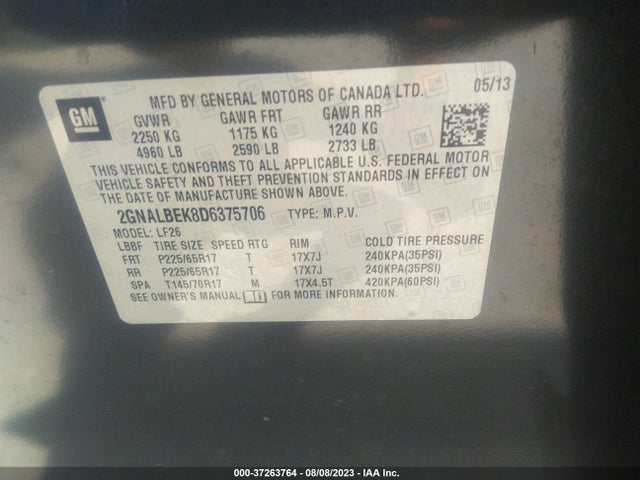 2013 CHEVROLET EQUINOX LS VIN: 2GNALBEK8D6375706