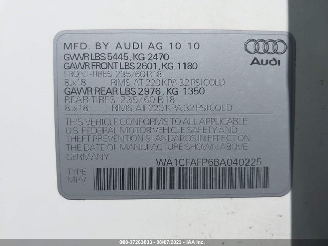 2011 AUDI Q5 2.0T PREMIUM VIN: WA1CFAFP6BA040225