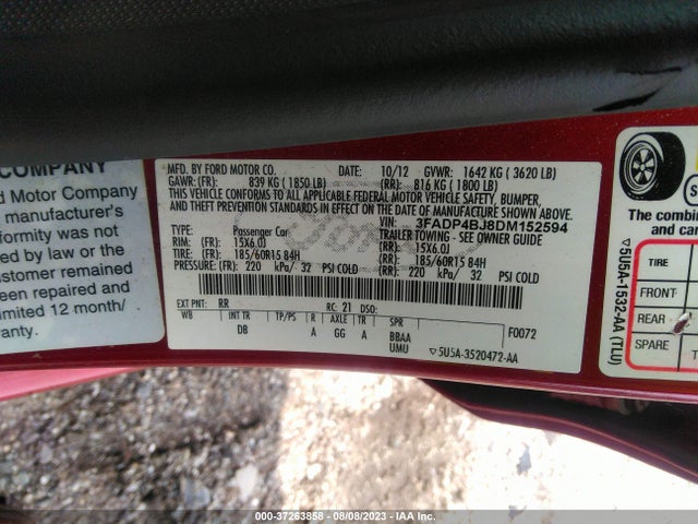 2013 FORD FIESTA SE VIN: 3FADP4BJ8DM152594