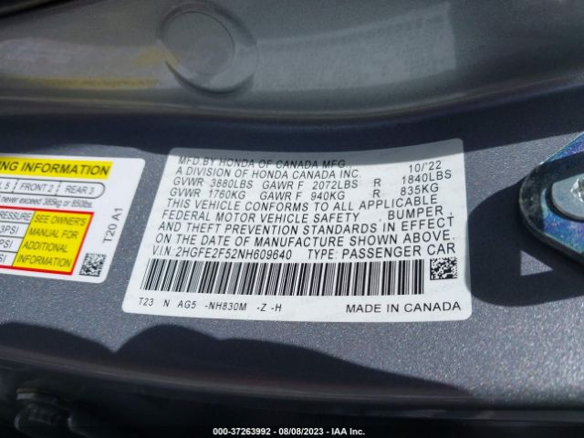 2HGFE2F52NH609640 Honda Civic Sedan Sport