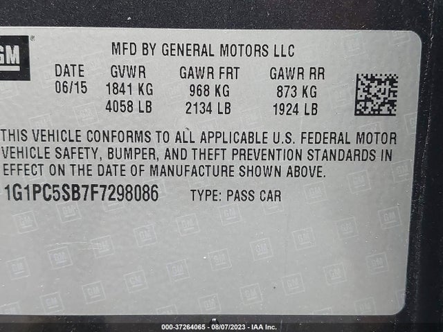 2015 CHEVROLET CRUZE LT VIN: 1G1PC5SB7F7298086