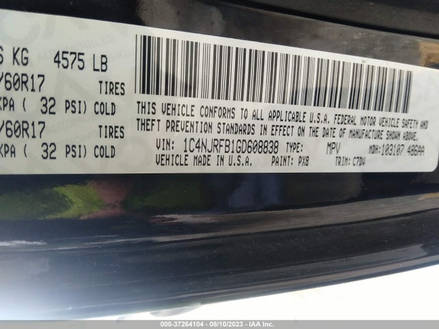 2016 JEEP PATRIOT LATITUDE VIN: 1C4NJRFB1GD608838