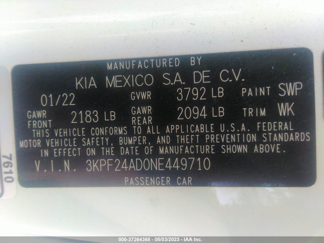 2022 KIA FORTE LXS VIN: 3KPF24AD0NE449710