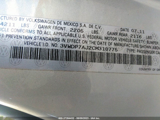 2012 VOLKSWAGEN JETTA SEDAN SE W VIN: 3VWDP7AJ2CM310775