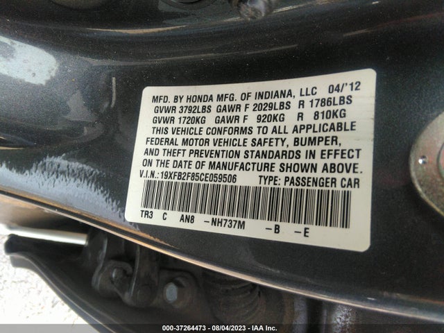 2012 HONDA CIVIC EX VIN: 19XFB2F85CE059506