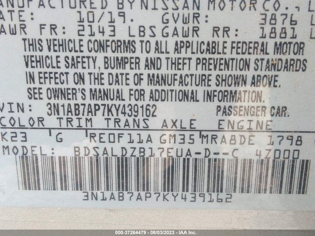 2019 NISSAN SENTRA SV VIN: 3N1AB7AP7KY439162