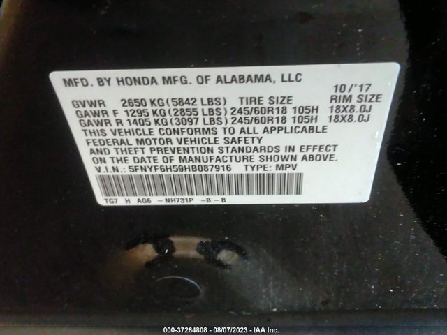 Honda Pilot Ex-l 2017 5FNYF6H59HB087916 Image 9
