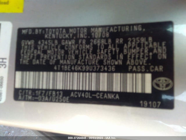2009 TOYOTA CAMRY VIN: 4T1BE46K99U373436