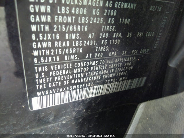 WVGAV7AX9GW588137 Volkswagen TIGUAN S