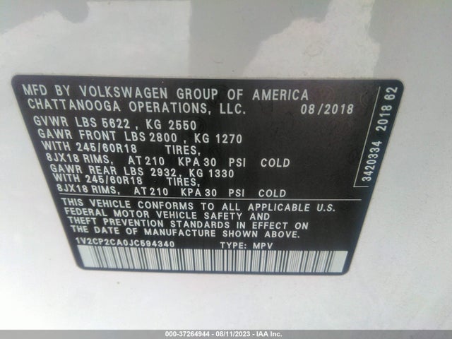 2018 VOLKSWAGEN ATLAS 2.0T SE VIN: 1V2CP2CA0JC594340