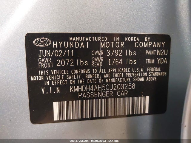 2012 HYUNDAI ELANTRA LIMITED PZEV VIN: KMHDH4AE5CU203258