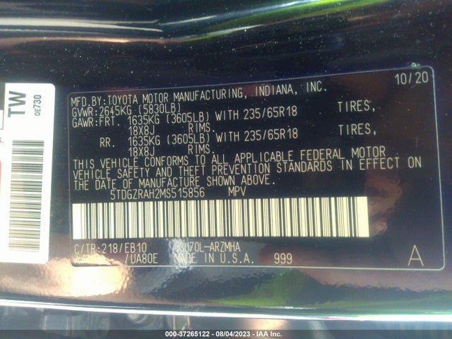 2021 TOYOTA HIGHLANDER XLE VIN: 5TDGZRAH2MS515856