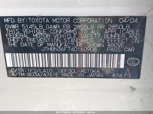 2004 LEXUS LS 430 VIN: JTHBN36F740160906