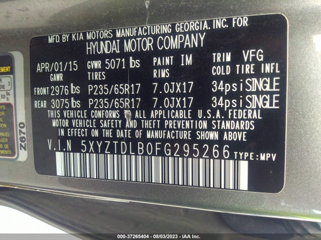 37265404 :رقم المزاد ، 5XYZTDLB0FG295266 vin ، 2015 Hyundai Santa Fe Sport مزاد بيع