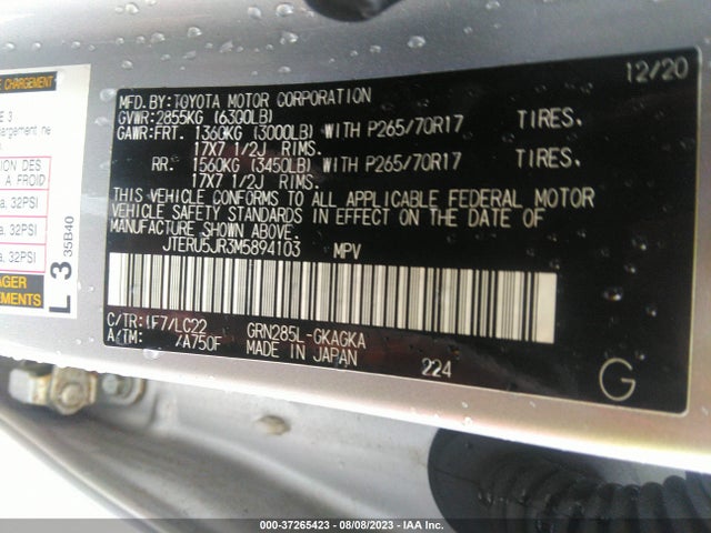 2021 TOYOTA 4RUNNER TRD OFF ROAD PREMIUM VIN: JTERU5JR3M5894103
