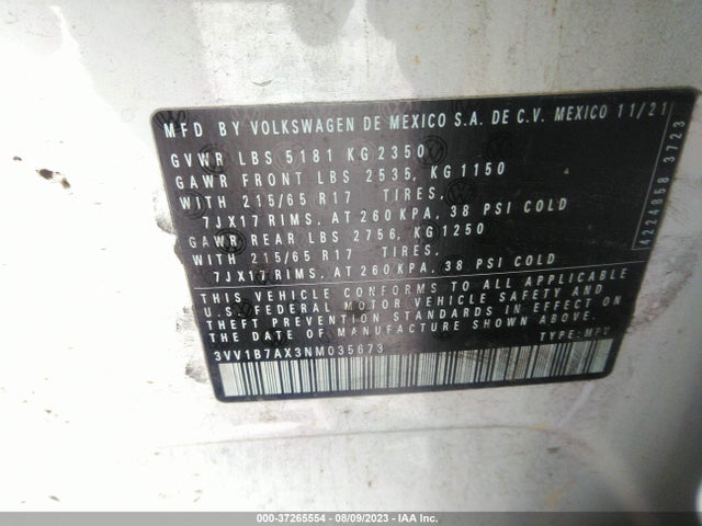 2022 VOLKSWAGEN TIGUAN S VIN: 3VV1B7AX3NM035673