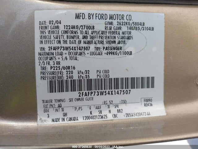 2004 FORD CROWN VICTORIA STANDARD VIN: 2FAFP73W54X147507