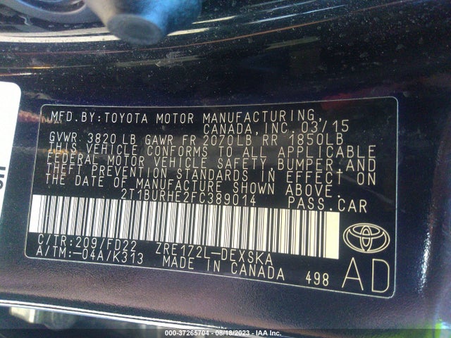 2015 TOYOTA COROLLA L/LE/S/S PLUS/LE PLUS VIN: 2T1BURHE2FC389014
