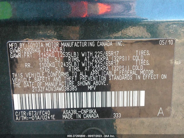 2010 TOYOTA RAV4 VIN: 2T3ZF4DV3AW038385