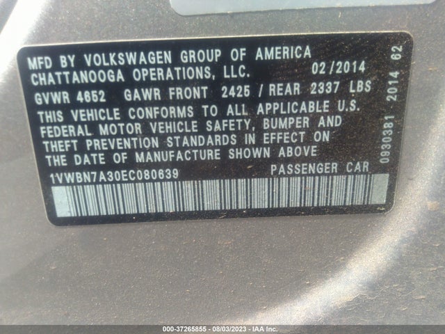 1VWBN7A30EC080639 Volkswagen Passat Tdi Se W/sunroof & Nav