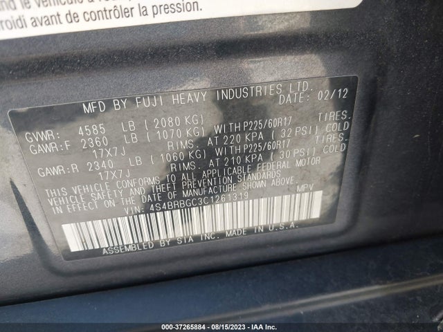 2012 SUBARU OUTBACK 2.5I PREM VIN: 4S4BRBGC3C1261319