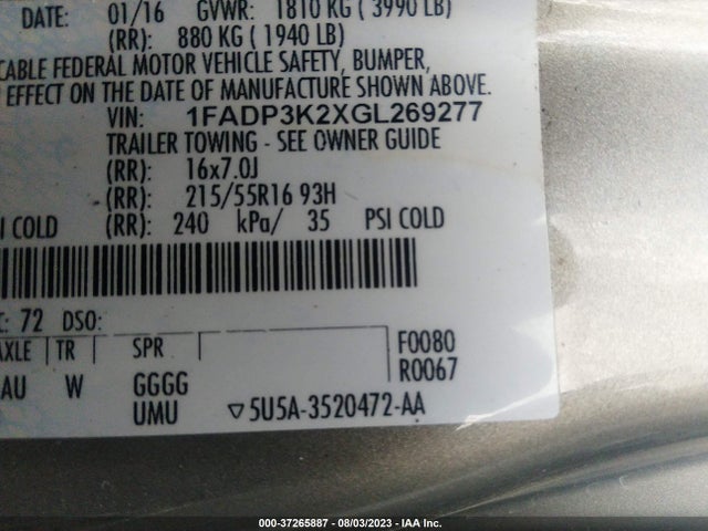 2016 FORD FOCUS SE VIN: 1FADP3K2XGL269277