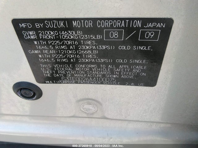 2010 SUZUKI GRAND VITARA PREMIUM VIN: JS3TE0D26A4100075