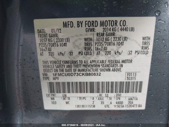 2012 FORD ESCAPE XLT VIN: 1FMCU0D73CKB80832