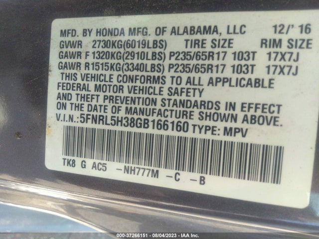 Honda ODYSSEY SE 2016 5FNRL5H38GB166160 Image 15