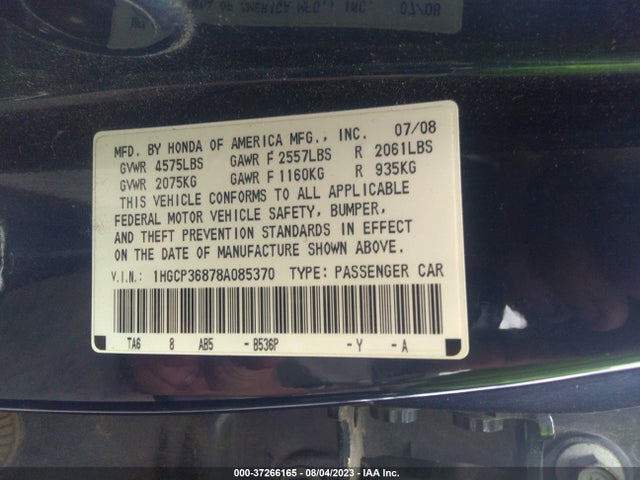 2008 HONDA ACCORD SDN EX-L VIN: 1HGCP36878A085370