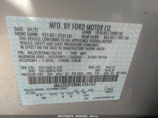 2021 FORD ECOSPORT S VIN: MAJ3S2FE8MC426762