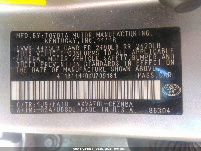 2019 TOYOTA CAMRY LE VIN: 4T1B11HK0KU709181