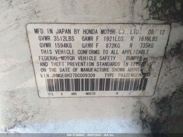 2013 HONDA FIT VIN: JHMGE8H37DC009309