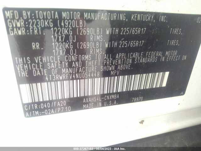 2022 TOYOTA RAV4 HYBRID XLE VIN: 4T3RWRFV4NU054448
