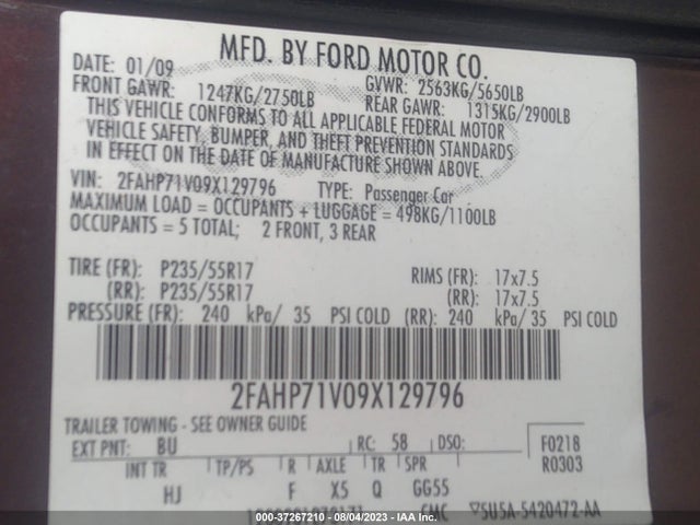 2009 FORD POLICE INTERCEPTOR VIN: 2FAHP71V09X129796