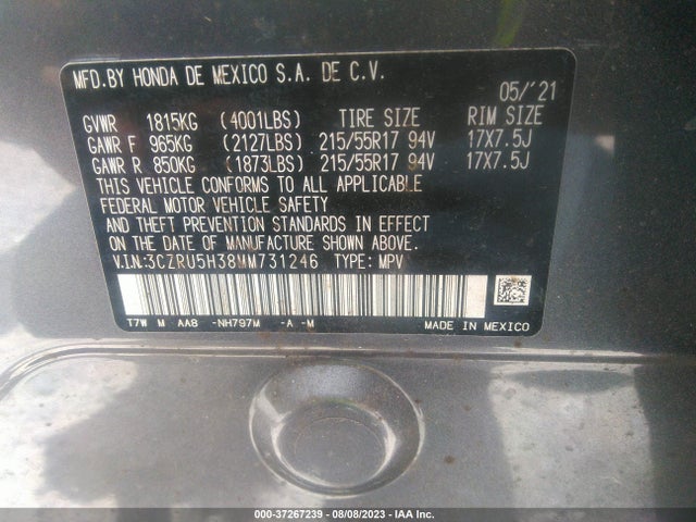 2021 HONDA HR-V LX VIN: 3CZRU5H38MM731246