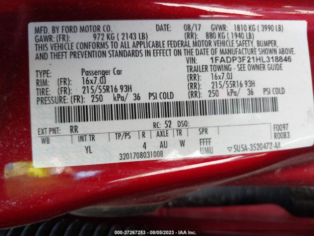 1FADP3F21HL318846 Ford FOCUS SE