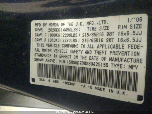 2006 HONDA CR-V SHSRD788X6U425159 Photo 8
