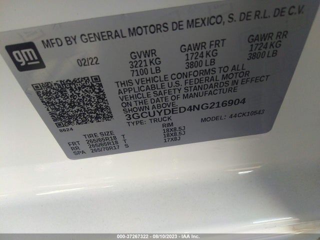 2022 Chevrolet Silverado 1500, VIN: 3GCUYDED4NG216904