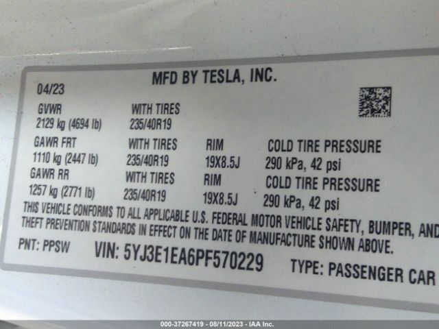 5YJ3E1EA6PF570229 Tesla MODEL 3