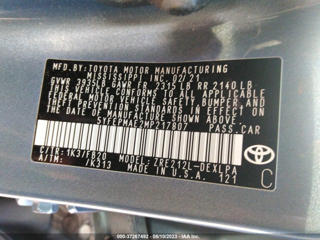 2021 TOYOTA COROLLA LE VIN: 5YFEPMAE2MP217807